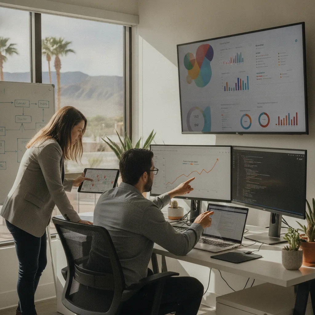 Two professionals review data analytics and charts on multiple screens in a bright office with mountain views.